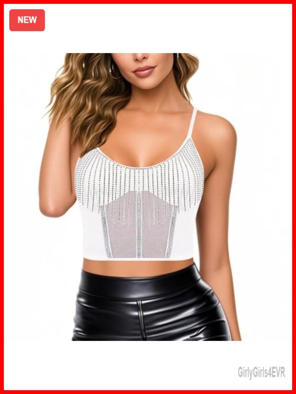 Rhinestone Tassel Spaghetti Strap Crop Tank Top Mesh Clubwear